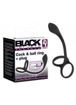   Black Velvets Cock & ball ring with butt plug  - vékony análdildó pénisz- és heregyűrűvel (fekete)