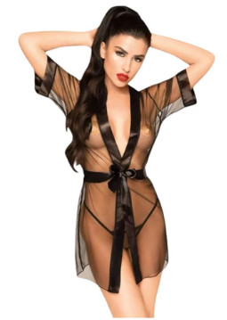 Penthouse Midnight Mirage - szatén köntös és tanga (fekete)XL