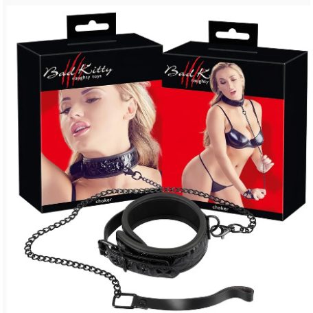Bad Kitty - drágakőmintás nyakörv pórázzal (fekete)