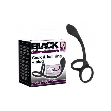 Black Velvets Cock & ball ring with butt plug  - vékony análdildó pénisz- és heregyűrűvel (fekete)