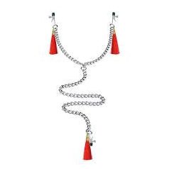   Lovetoy Nipple Clit Tassel Clamp With Chain - mellbimbóra és csiklóra való csipesz (ezüst-piros)