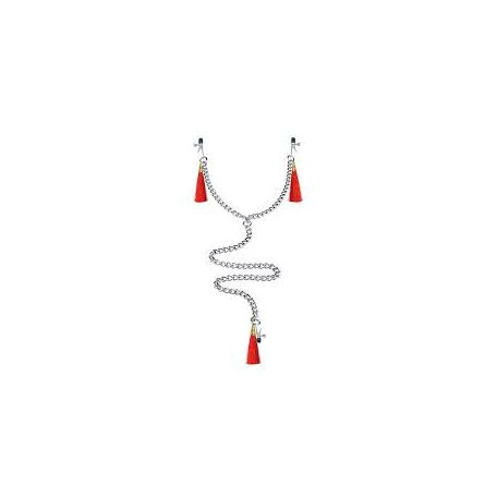 Lovetoy Nipple Clit Tassel Clamp With Chain - mellbimbóra és csiklóra való csipesz (ezüst-piros)