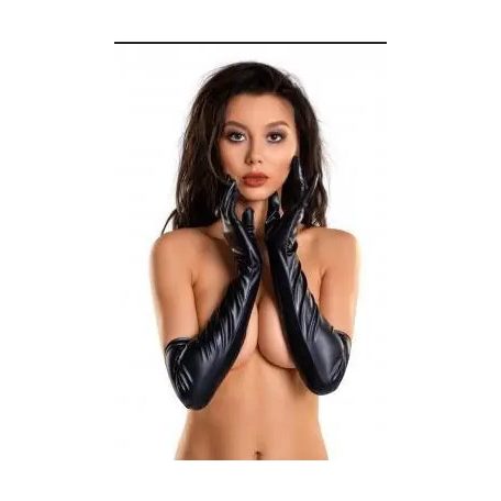 Glossy Selina Gloves  fekete hosszú bőrszövet kesztyű M 
